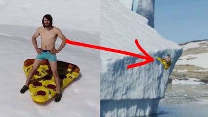 Crazy Ass Rock Climber Slides Down an Iceberg on a Giant Slice of Pizza