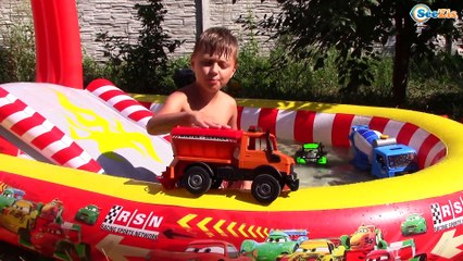 Outdoor Baby Play Fun Activity in Swimming Pool with GIANT Excavator CARS TOYS BRUDER DIGGER