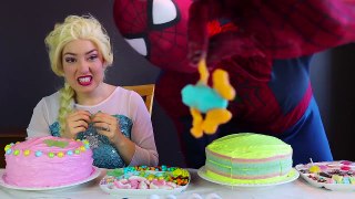 Frozen Elsa CAKE DECORATING CHALLENGE w/ Spiderman Maleficent Makeup Fun Superhero in real