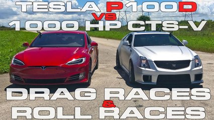 Download Video: Tesla Model S P100D Ludicrous Vs 1,000 HP Cadillac CTS-V