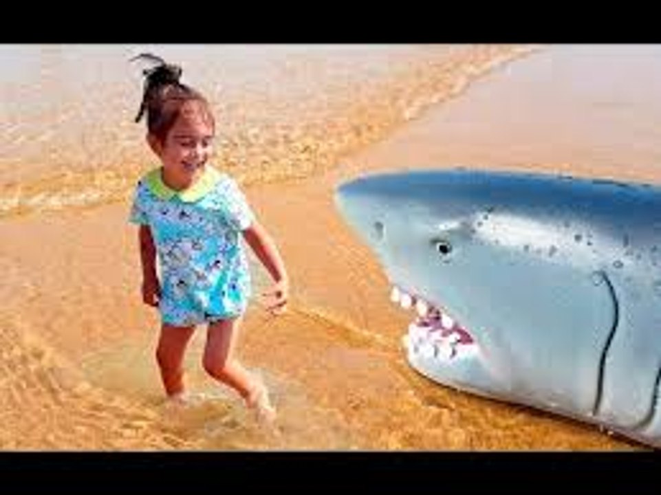 Little girl Playing  at the Beach with the Shark
