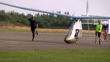 Bill Brooks flying Aerocycle 3 at Sywell during the 2016 Icarus Cup