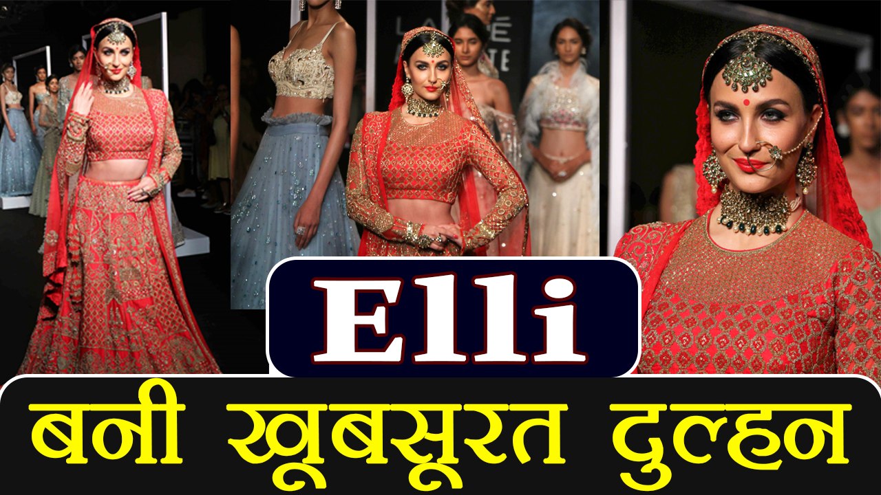 Elli Avram looks beautiful in red embroidered Bridal lehenga at Lakme Fashion Week | Boldsky