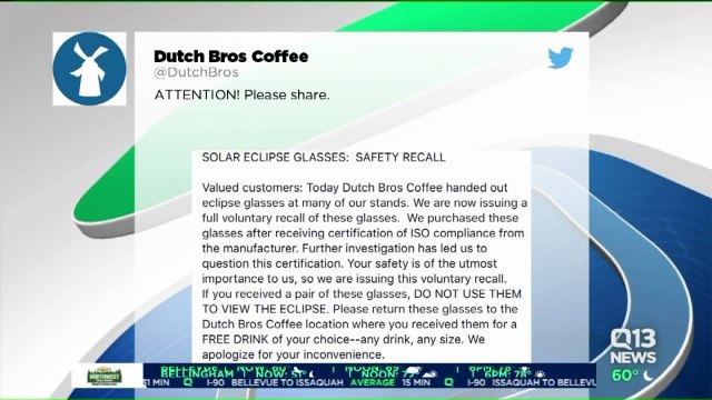 Coffee Shop Recalls Solar Eclipse Glasses