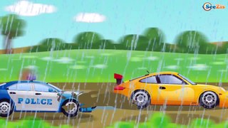 Rápido Coche de Policía y Carros de Carreras GRANDE problemas de ruedas Dibujos animados para niños