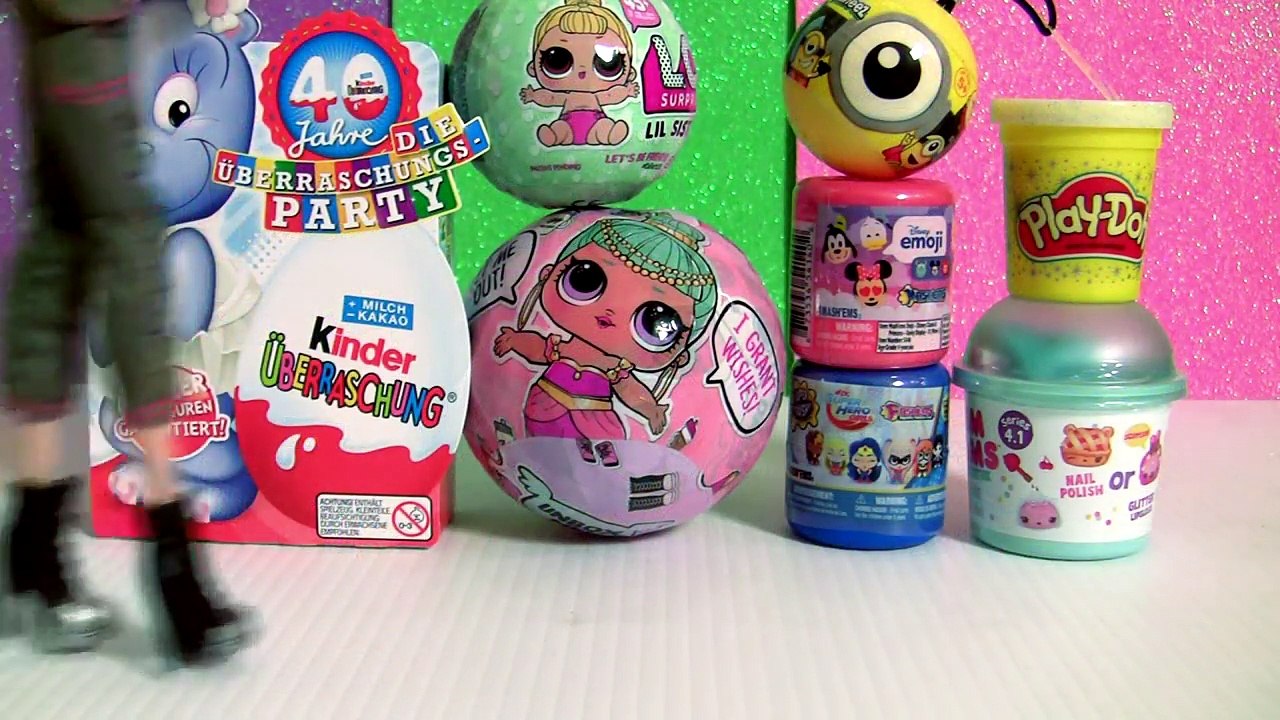 Barbie opening LOL Dolls Lil sisters, Disney Emoji Fashems, Playdoh Sparkle Surprise by Funtoys
