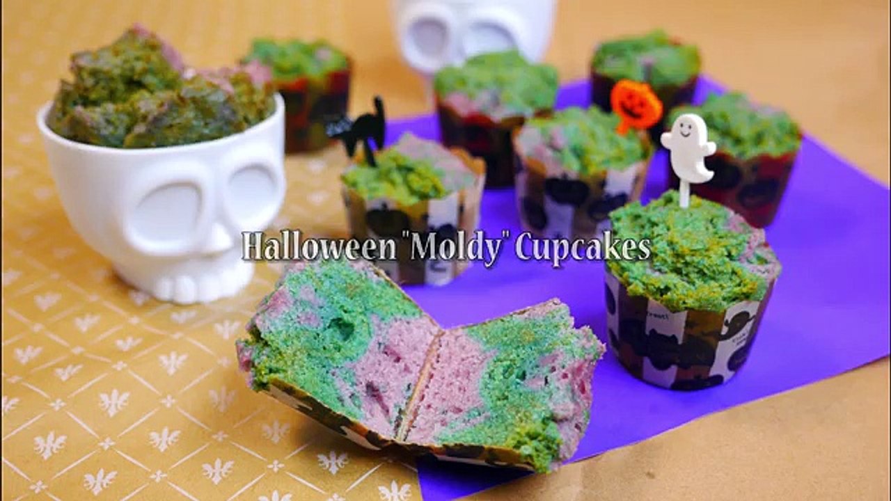 Halloween Moldy Cupcakes (w/o eggs,coloring) カビじゃなくて紫芋です、変な色のカップケーキ（卵、着色料なし）