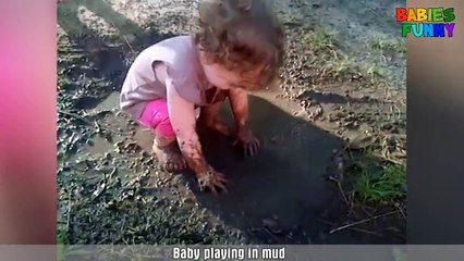 Funny Kids Playing and Falling in Mud