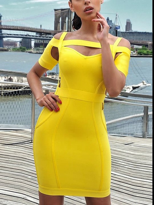 Cheap Mini Cut Out Yellow Bandage Dress Wholesale