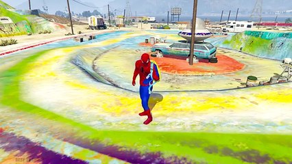 Download Video: Spiderman with Superheroes in pursuit of Joker - Motorbikes Cars and Trucks for Kids Nursery Rhymes