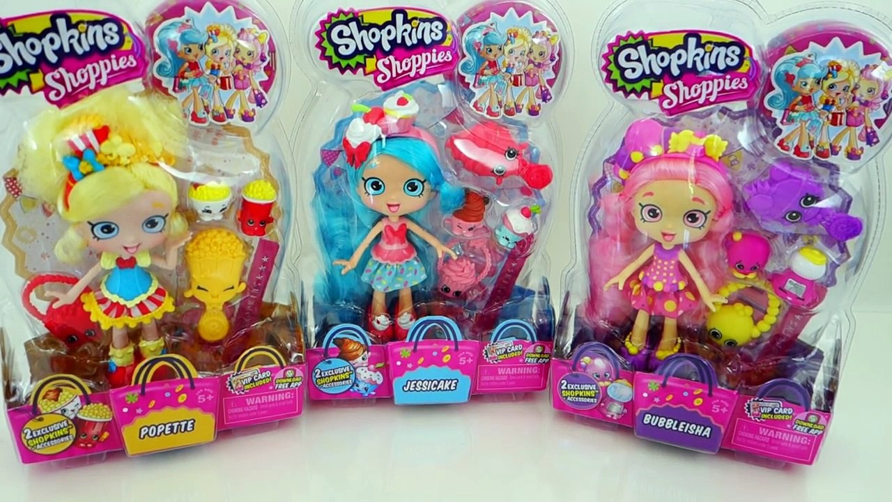 3 Shopkins Shoppies Dolls Poppette Jessicake Bubbleisha Doll Toy Unboxing + Exclusives Vid