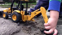 Toy Trucks for Kids: Bruder Construction Trucks: CAT Excavator JCB Backhoe Digging in Mud