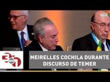 Henrique Meirelles cochila durante discurso de Temer no Mercosul