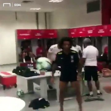 Marcelo, Neymar, Dani Alves and Tiago Silva playing some Tennis Football