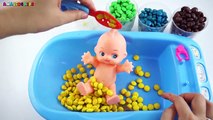 Learn Colors Baby Doll Bath Time M&Ms Chocolate Candy   Surprise Toys Video Compliation