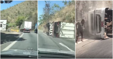 Camionista arrisca ultrapassagem em curva apertada e condutor que seguia atrás prevê o desfecho