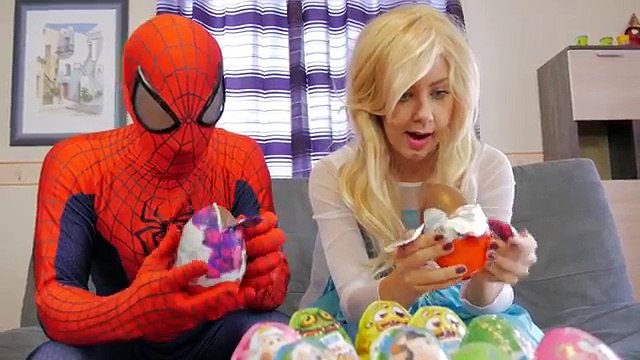 ELSA and KINDER SURPRISE Eggs! w/ Spiderman Frozen Elsa Maleficent Joker IRL Superhero in Real Life