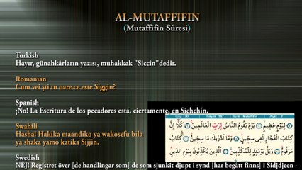 Mutaffifîn Sûresi (سورة المطففين) citeste Romance, Espanol, Swahili, Suedeză, Turcă Înțeles
