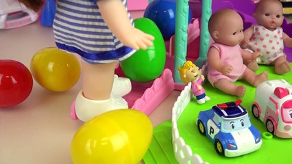 Baby doll surprise eggs and pet dog slide park toys play