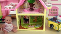 Baby doll and Hello Kitty Yellow Bus and house toys play