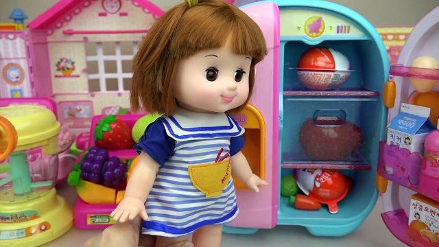 Baby doll and fruit mixer Surprise eggs in refrigerator toys play