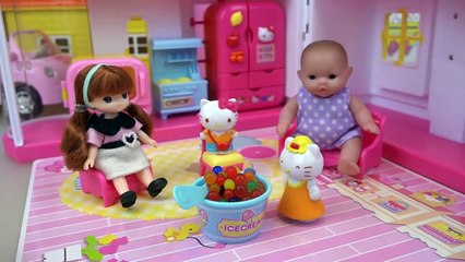 Hello Kitty slide house and Baby doll with camping car toys play