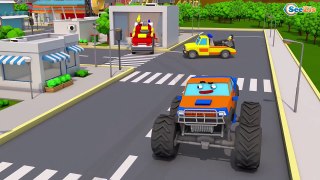 Kids Car Cartoon w Fire Truck and Monster Truck in the City Children Video Cars Team Carto