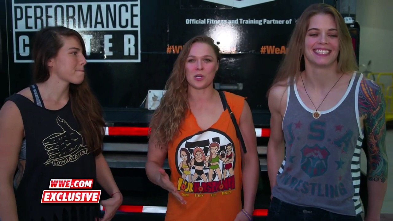 Charlotte Flair, Becky Lynch & Bayley confront Ronda Rousey, M.Shafir & J. Duke: Sept. 5, 2017