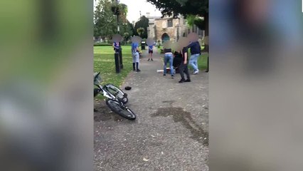 Mobility Scooter Woman Pushes Girl Into A Water Fountain