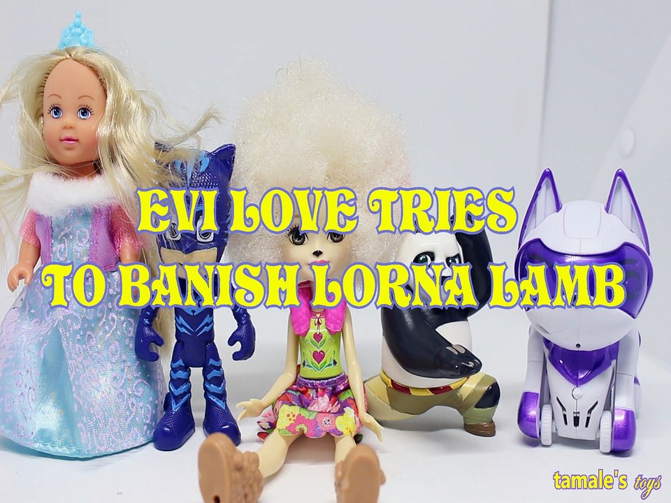 EVI LOVE TRIES TO BANISH LORNA LAMB CATBOY PO KUNG FU PANDA KITTY TOYS ENCHANTIMALS , DREAMWORKS, DRAGON WARRIOR . TEKST