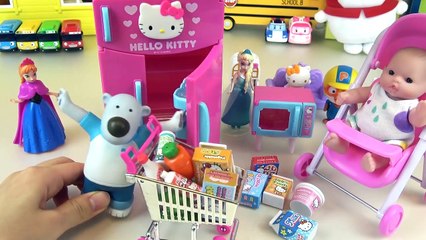 Baby doll clean house with Hello Kitty vacuum machine and cleaning kit toys
