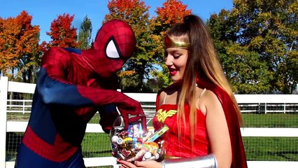 Frozen Elsa & Spiderman CANDY CHALLENGE! w/ Joker Anna Belle Maleficent Wonder Woman! Supe