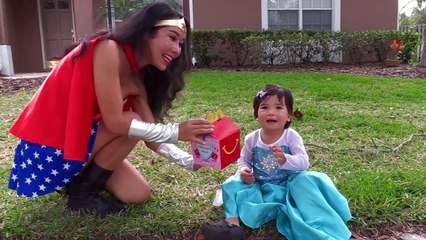 Frozen Elsa baby Mcdonalds Happy Meal Stolen! Wonder Woman & Superbaby Save the day
