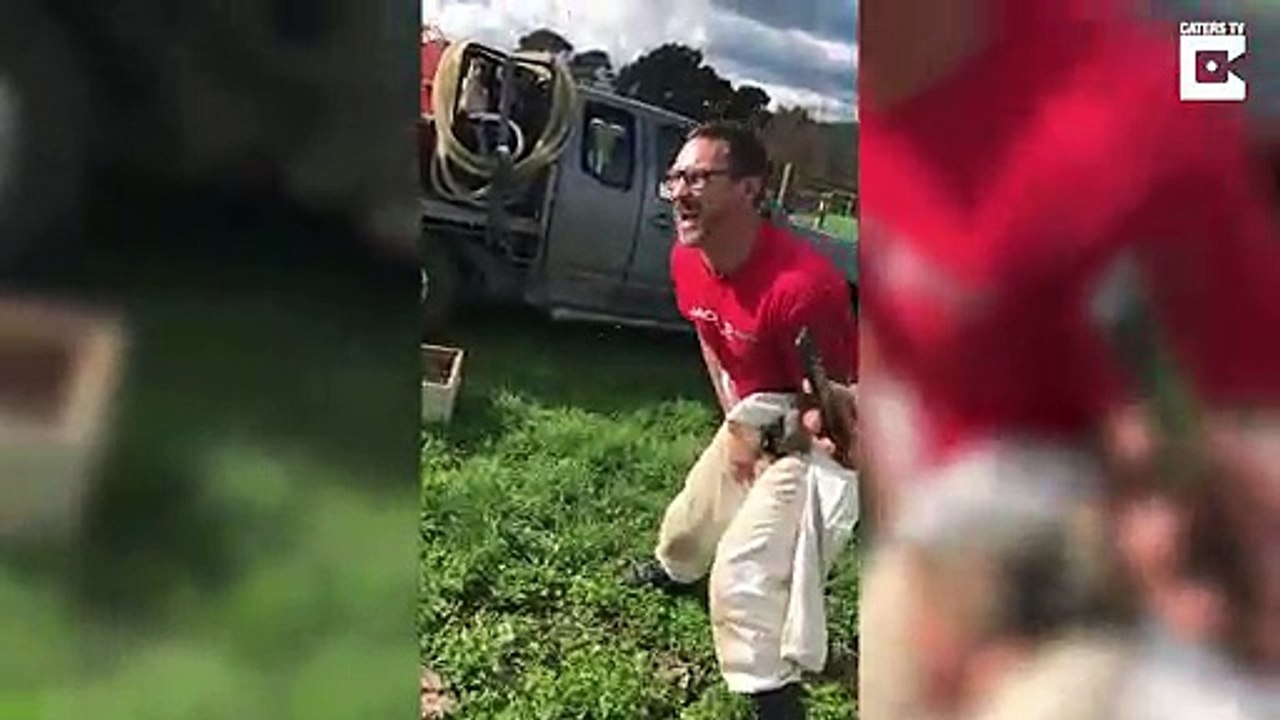 Cet apiculteur va s'assoir sur une ruche