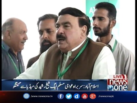 Sheikh Rasheed talks to media outside SC