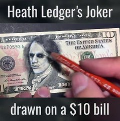 Heath Ledgers Joker drawn on a $10 bill