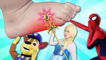 Spiderman Frozen Elsa vs Big Giant Foot w- Hulk Batman Superman Peppa Pig Fun Superhero in Real Life