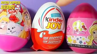 3 huevos sorpresa, princesas disney, kinder joy y nancy la muñeca con caramelos