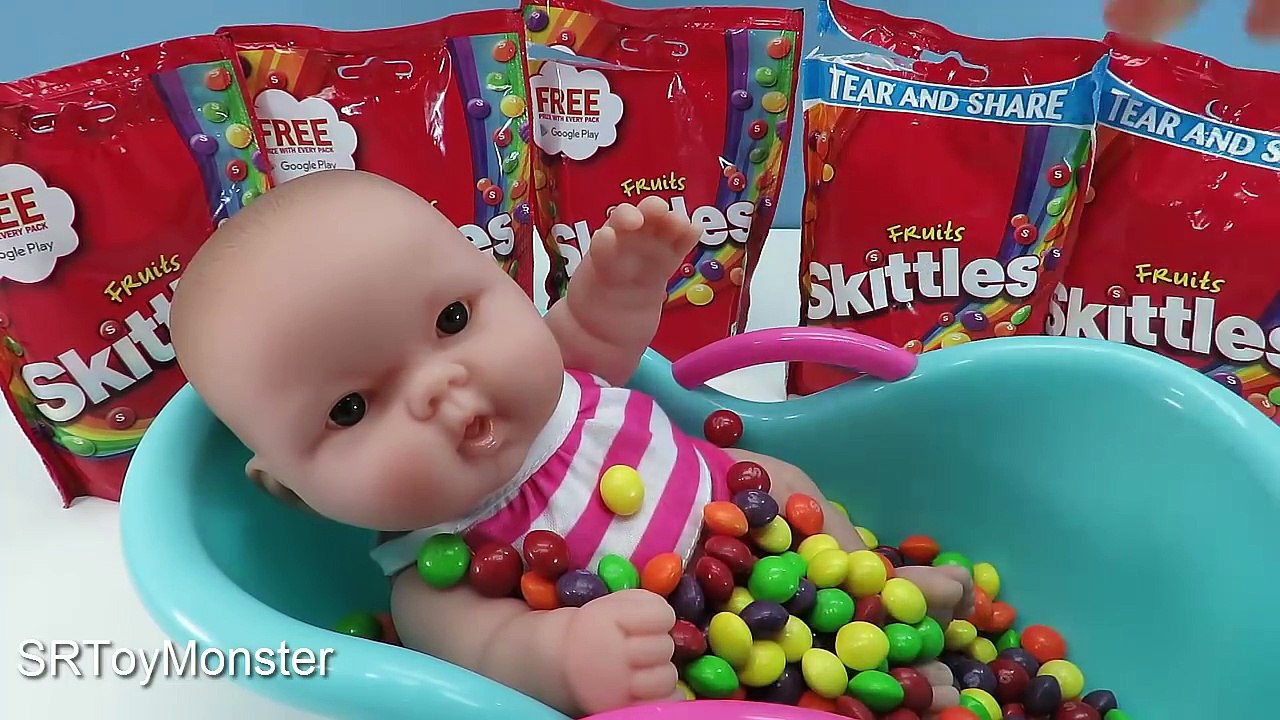 Baby Doll Bath Time In Skittles Candy Pretend Play