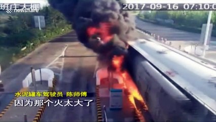 Burning lorry drives through toll station