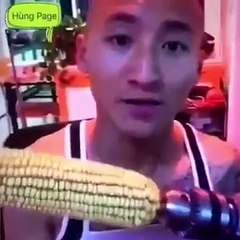 Idiot Eats Corn On a Drill And Loses