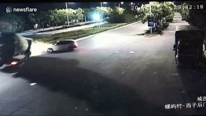 Lucky driver survives after truck flattens his car