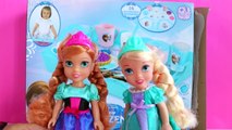 Disney Frozen Elsa and Anna dolls Tea time party with toy food unboxing video by PlayToys