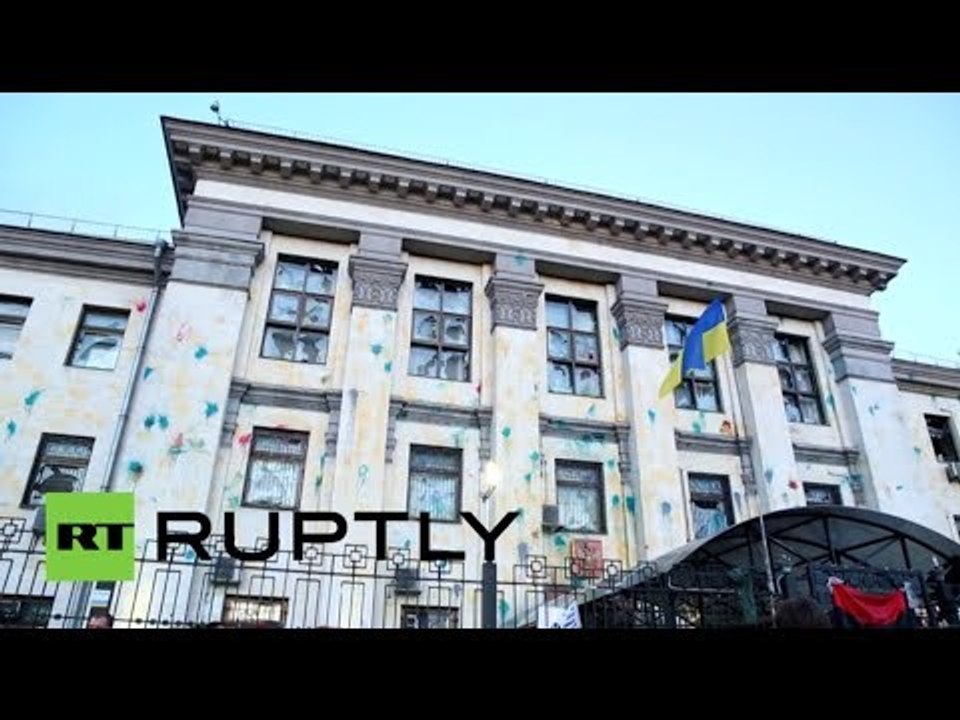 RAW: Russian embassy vandalized in Ukraine