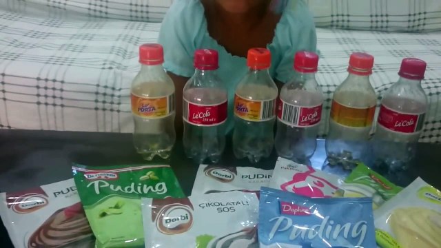 Kola şişesi puding nasıl yapılır ?? Kola şişelerini rengarenk yaptık ::)))