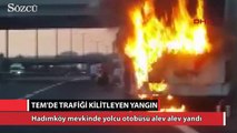 TEM'de yolcu otobüsü alev alev yandı