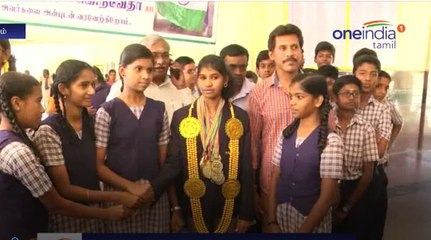 வலு தூக்கும் போட்டியில் தங்கப்பதக்கம் பெற்ற நிவேதாவிற்கு உற்சாக வரவேற்பு-வீடியோ