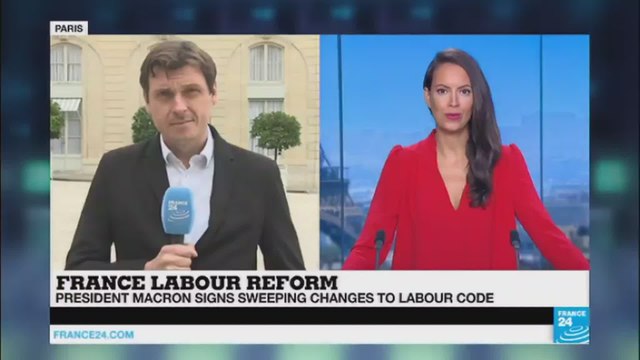 F24 Chris Moore on Macron signing new labour reforms into law