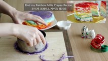 Rainbow Log Mille Crêpe Cake Mille Crepes DIY Rainbow Treats 무지개 크레이프 케이크