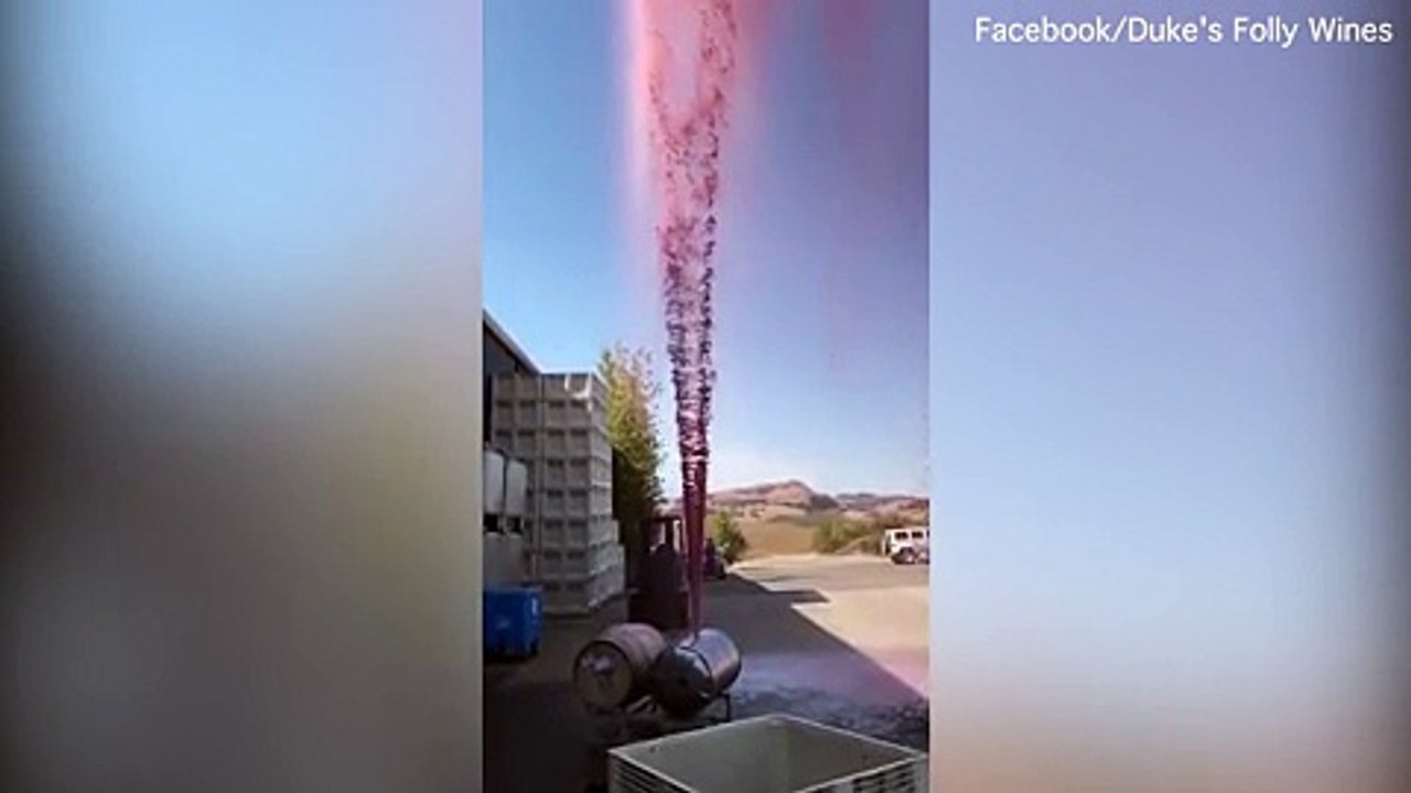 Dramatic moment red wine explodes out of barrel